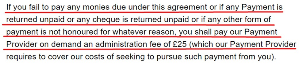 allGym Terms and Conditions: Fail payment fee section