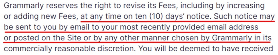 Grammarly Terms of Service: Increasing fees section