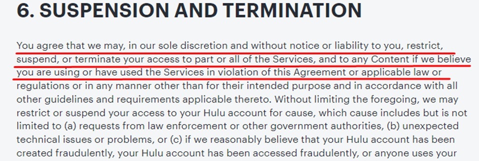 Hulu Terms and Conditions: Suspension and Termination clause