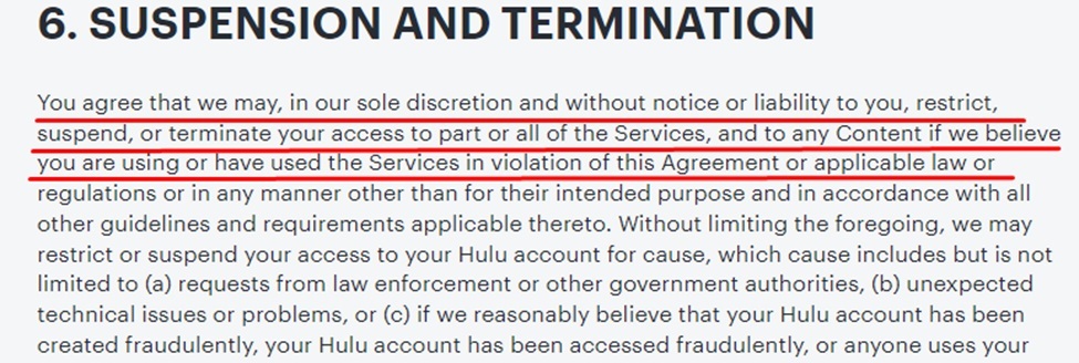 Hulu Terms and Conditions: Suspension and Termination clause