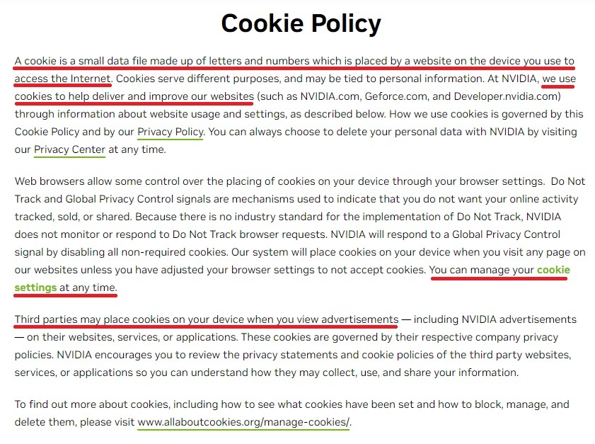 Nvidia cookie policy excerpt