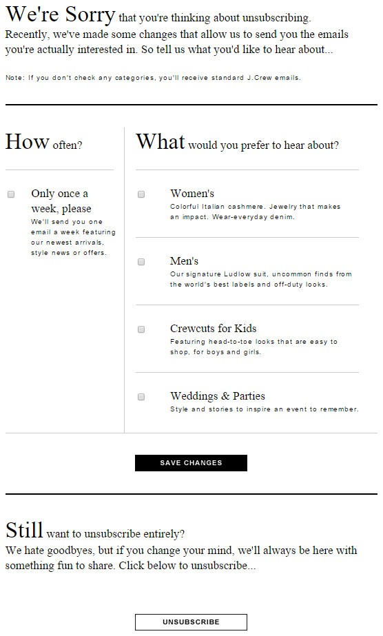 Landing page to unsubscribe from J Crew email list