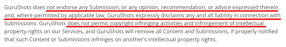GuruShots Terms agreement: Disclaimer for user Generated Content clause