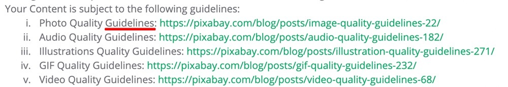 Pixabay Terms of Service: User generated content guidelines link list