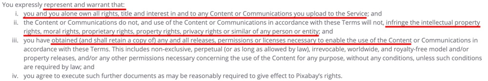 Pixabay Terms of Service: Warranty of user content clause