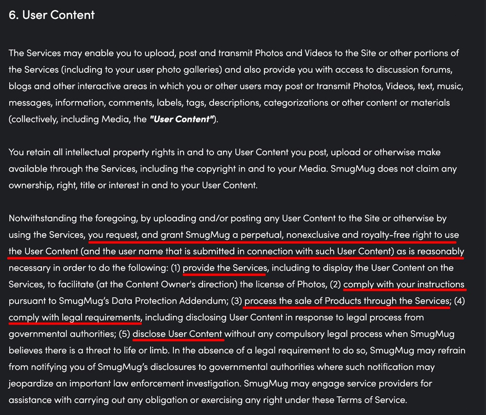 SmugMug Terms agreement: User Content clause