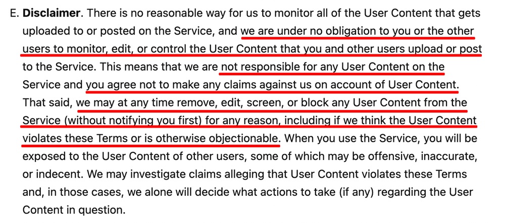 Unsplash Terms and Conditions: Disclaimer clause