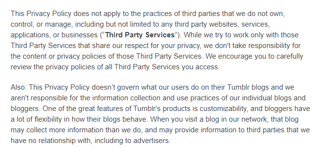 Tumblr's Privacy Policy: Third Party Services clause