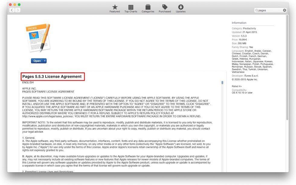 Apple Pages on App Store: EULA is embedded