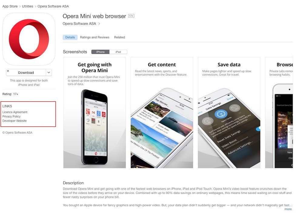 Opera Mini Browser: Legal Links on Apple App Store