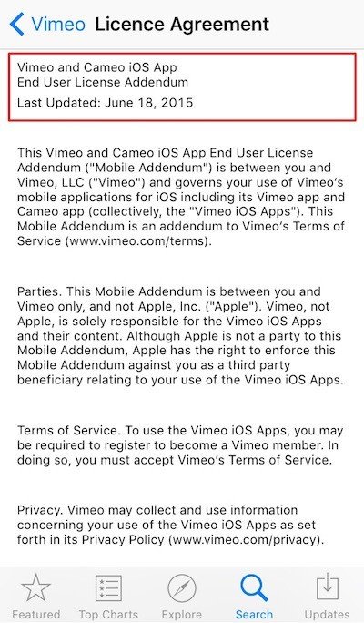 Vimeo iOS App: EULA is embedded