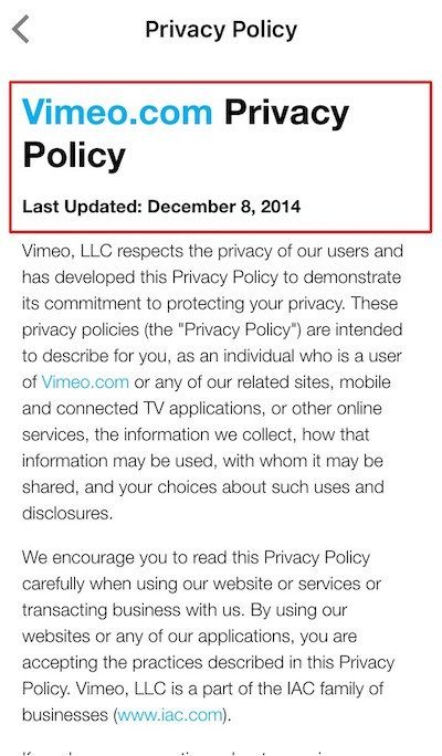 Vimeo iOS App: Privacy Policy is embedded