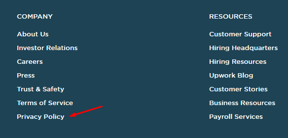 Upwork website footer links with Privacy Policy link highlighted