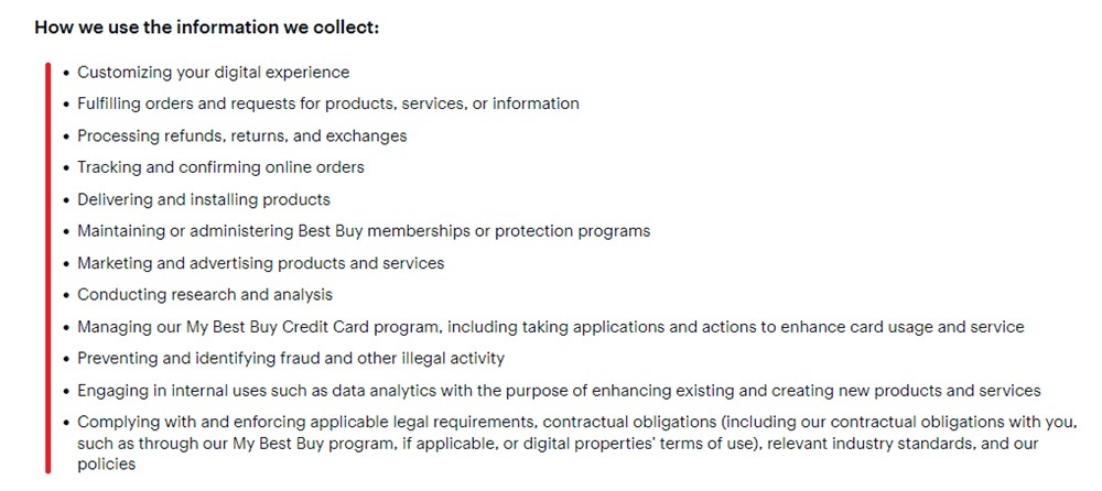 Best Buy Privacy Policy: How Use Information Collected clause