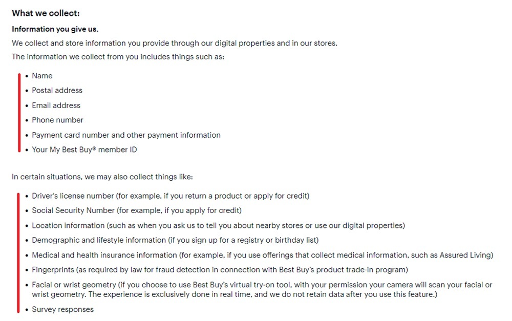 Best Buy Privacy Policy: Information collect clause