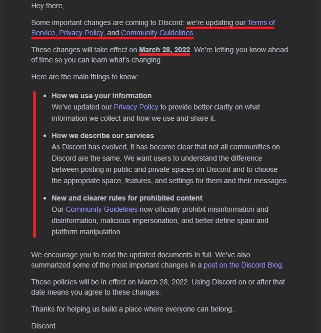 Discord email about Privacy Policy updates