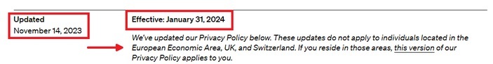 Privacy Policy with Updated and Effective dates highlighted
