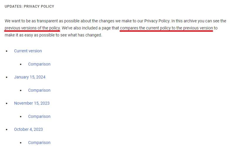 Screenshot of Privacy Policy updates links