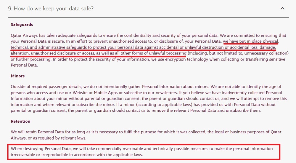Qatar Airway Privacy Policy: Security clause